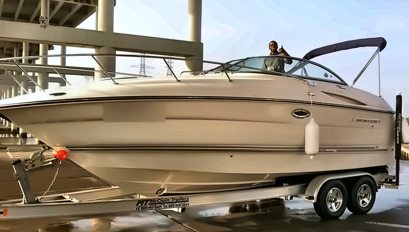 Express cruiser on its trailer after a bow thruster install
